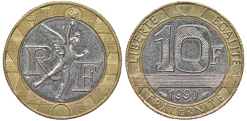 Франция 10 франков 1990 тип Гений Бастилии KM 964.1, Le Frank 375.5 биметалл 45-711