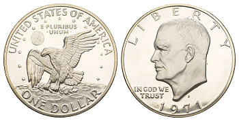 США 1 доллар 1971 S, Президент Эйзенхауэр, лунный орел KM 203a серебро PROOF 413-6615