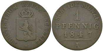РЕЙС-ШЛАЙЦ 1 ПФЕННИГ 1847 А KM 57 медь 99-932