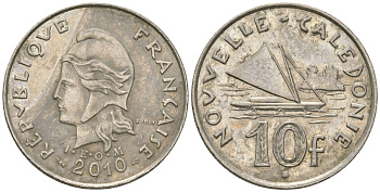 Французская Новая Каледония 10 франков 2010 рыбачья парусная лодка, (IEOM) KM 11a, Schoen 13a, Lec 99k медно-никель 3459-231