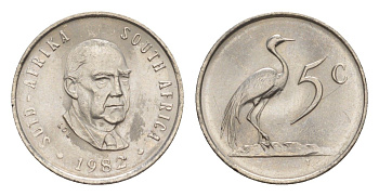 ЮАР 5 центов 1982 Окончание президентства Бальтазара Йоханнеса Форстера KM 111 никель UNC 4598-537