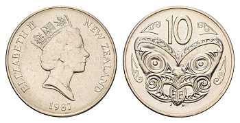 Новая Зеландия 10 центов 1987 Елизавета II (1952-2022), маска маори KM 61 медно-никель 4671-533