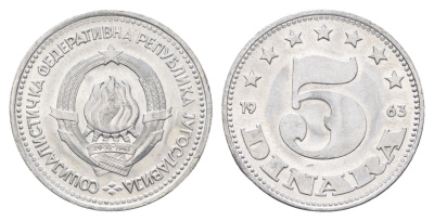 Югославия 5 динаров 1963 год-тип KM 38 алюминий UNC 4660-521