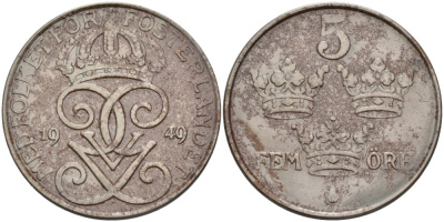 Швеция 5 эре 1949 Густав V (1907-1950), в лаке KM 812 железо 4557-726