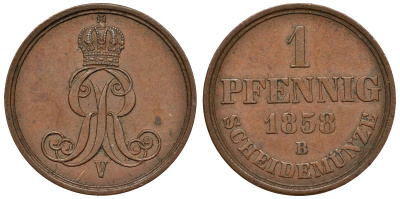 Ганновер 1 пфенниг 1858 B, Георг V KM 233, AKS 156, J. 90 медь 4594-553