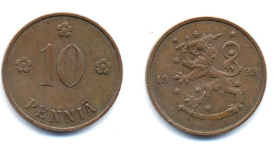Финляндия 10 пенни 1938 KM 24 медь 51-5637