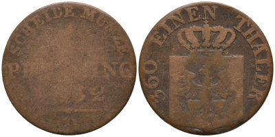 Пруссия 1 пфенниг 1832 D, Фридрих Вильгельм III (1797-1840) KM 405 медь 4549-435