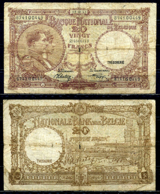 Бельгия 20 франков 1941 18.08.1941, Король Альберт I и его жена Королева Елизавета, Гран-Плас / Гроте Маркт, Брюссель Pick 111 (2) бумага 6301-29-1-2