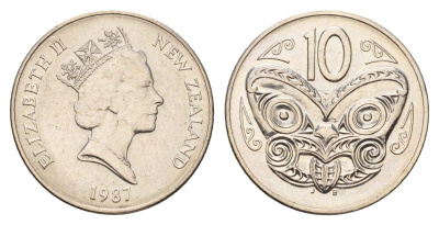 Новая Зеландия 10 центов 1987 Елизавета II (1952-2022), маска маори KM 61 медно-никель 4671-533