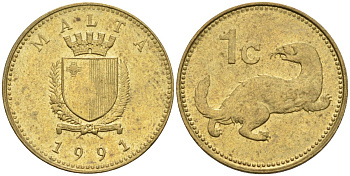 Мальта 1 цент 1991 ласка, горностай KM 93 никель латунь 4585-1214