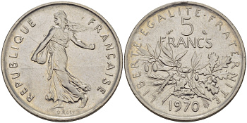 ФРАНЦИЯ 5 ФРАНКОВ 1970 СЕЯТЕЛЬ KM 926a.1, LE FRANC 341.2 медно-никель плакированный никелем 32-1215