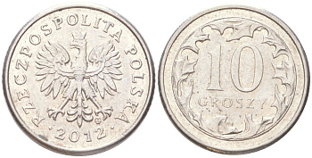 Польша 10 грошей 2012 Y 279 медно-никель UNC 4614-323