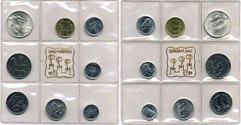 Сан-Марино годовой набор из 8 монет 1972 1, 2, 5, 10, 20, 50, 100 и 500 лир мать поднимает ребенка в воздух KM 14-21, в оригинальной пластиковой запайке серебро KM MS1 серебро UNC 5-4-3-57