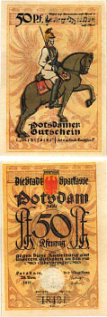 ПОТСДАМ 50 ПФЕННИГОВ 1921 НОТГЕЛЬД, 28 НОЯБРЯ 1921 - 1 АПРЕЛЯ 1922, ЗЕМЛЯ БРАНДЕНБУРГ Grabowski 1069.1 бумага 8592-50-4-2