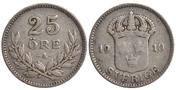 Швеция 25 эре 1910 W, Густав V (1907-1950) KM 785 серебро 4179-832