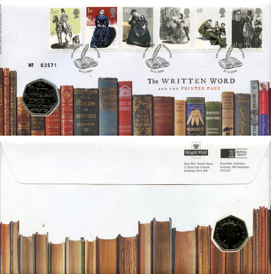 Великобритания 50 пенсов 2005 250 лет со дня опубликования Словаря Английского языка Сэмюэла Джонсона, в оригинальном конверте, с марками, первый день гашения KM 1050, Spink H14 медно-никель BU 4-3-8-02