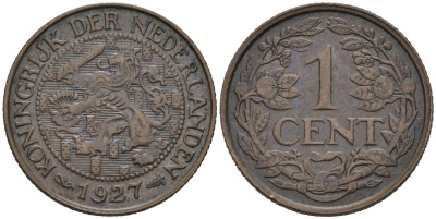 Нидерланды 1 цент 1927 Вильгельмина (1890-1948) KM 152 бронза 4576-737