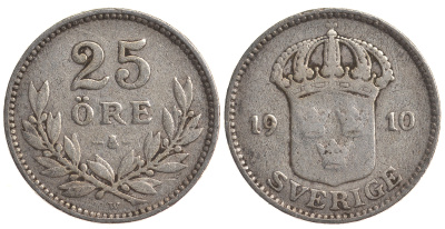 Швеция 25 эре 1910 W, Густав V (1907-1950) KM 785 серебро 4179-832