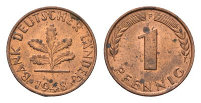 ФРГ 1 пфенниг 1948 F KM A101, J. 376 сталь плакированная медью aUNC 211-956