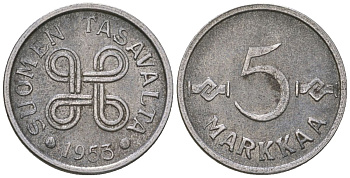 Финляндия 5 марок 1953 KM 37 железо 4173-1267