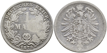 Германия 1 марка 1878 F Weege 17, J. 9, KM 7 серебро 176-212