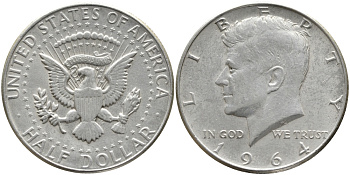 США 1/2 доллара (50 центов) 1964 Джон Кеннеди KM 202 серебро 272-343