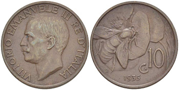 ИТАЛИЯ 10 ЧЕНТЕЗИМО 1935 R, МОНДВОР РИМ, ВИКТОР ЭММАНУИЛ III (1900-1946) KM 60 медь 4525-326