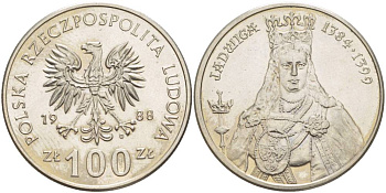 Польша 100 злотых 1988 MW, серия Польские правители, королева Ядвига (1384-1399) KM 183 медно-никель 4542-1024