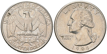 США 25 центов = квотер = 1/4 доллара 1994 D, Джордж Вашингтон KM 164a медь плакированная медно-никелем 190-1255