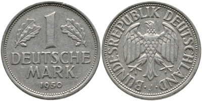 ФРГ 1 марка 1950 J, KM 110, J. 385 медно-никель 65-1215