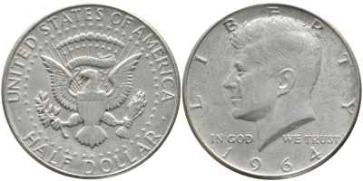 США 1/2 доллара (50 центов) 1964 Джон Кеннеди KM 202 серебро 272-343