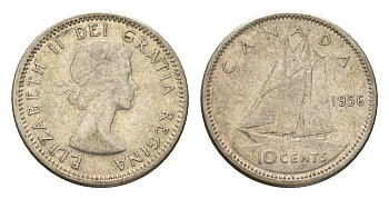 Канада 10 ценнтов 1956 Елизавета II (1952-2022), парусник KM 51 серебро 4674-1232