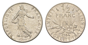 Франция 1/2 франка 1984 сеятель KM 931.1, Le Franc 198.23 никель 4630-421
