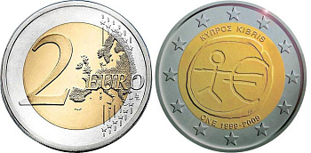 Кипр 2 евро 2009 10 лет монетарной политики ЕС (EMU) и введения евро KM 89 биметалл UNC M44-13
