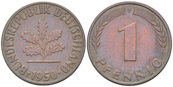 ФРГ 1 ПФЕННИГ 1950 F KM 105, J. 380 сталь плакированная медью 4181-537