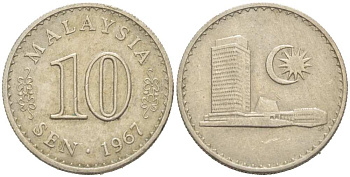 Малайзия 10 сенов 1967 здание Парламента KM 3 медно-никель 218-116