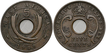 Британская Восточная Африка 5 центов 1949 Георг VI (1937-1952) KM 33 бронза 27-1047