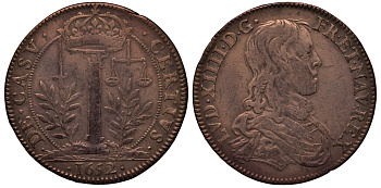 Франция жетон 1652 1 кэш, Людовик XIIII, король солнце, DE. CASV. CERTIVS. 1652. медь 413-3114