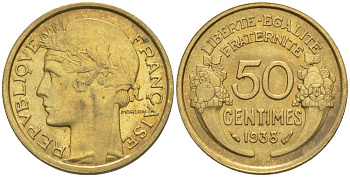 ФРАНЦИЯ 50 САНТИМОВ 1938 ТИП MORLON KM 894.1, LE FRANC 192.14 алюминиевая бронза 44-753