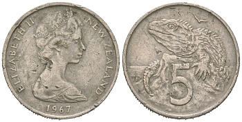 Новая Зеландия 5 центов 1967 Елизавета II (1952-2022), ящерица гаттерия KM 34 медно-никель 4617-1232