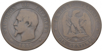 Франция 10 сантимов 1856 MA, Наполеон III (1852-1870) KM 771.6, Le Franc 133.27 бронза 114-731