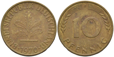 ФРГ 10 ПФЕННИГОВ 1970 F KM 103, J. 378 сталь плакированная латунью 4529-732
