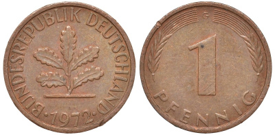 ФРГ 1 пфенниг 1972 G KM 105, J.380 сталь плакированная медью 4174-444