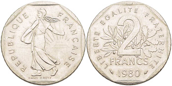 ФРАНЦИЯ 2 ФРАНКА 1980 СЕЯТЕЛЬ KM 242.1, LE FRANC 272.4 никель 217-1121