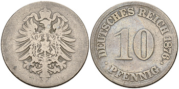 Германия 10 пфеннигов 1876 A, старогербовка KM 4,  J. 4 медно-никель    4153-517