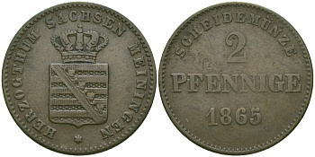 Саксен-Мейнинген 2 пфеннига 1865 Бернгард II (1803-1866) KM 171 медь 99-646