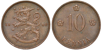 Финляндия 10 пенни 1940 республика (1918-1962) KM 24 медь 51-3256
