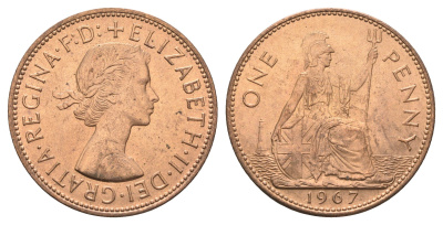 Великобритания 1 пенни 1967 Елизавета II (1952-2022) KM 897, Spink 4157 бронза UNC 4661-944