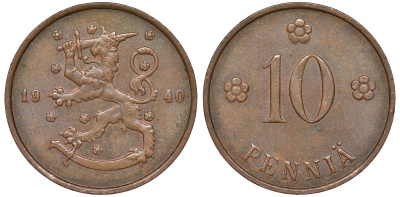 Финляндия 10 пенни 1940 республика (1918-1962) KM 24 медь 51-3256