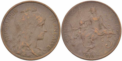 ФРАНЦИЯ 5 САНТИМОВ 1910 ТИП ДАНИЭЛЬ ДЮПЮИ KM 842, LE FRANC 119.22 бронза 108-921